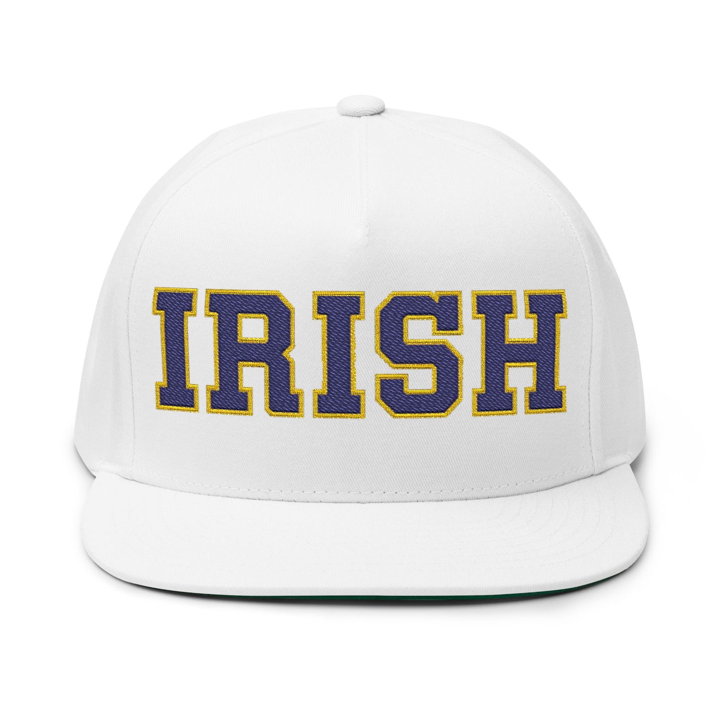 Rosemount Irish embroidered flat bill cap featuring bold "IRISH" lettering on a white snapback hat.