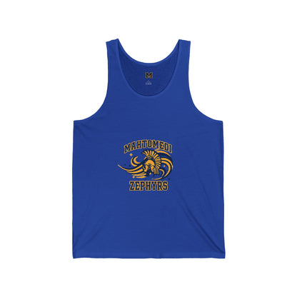 Mahtomedi Zephyrs tank top in blue with a Trojan logo, perfect for athletic wear and school spirit.