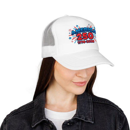 America 250th anniversary cap displayed on a model wearing a denim jacket, celebrating American history.