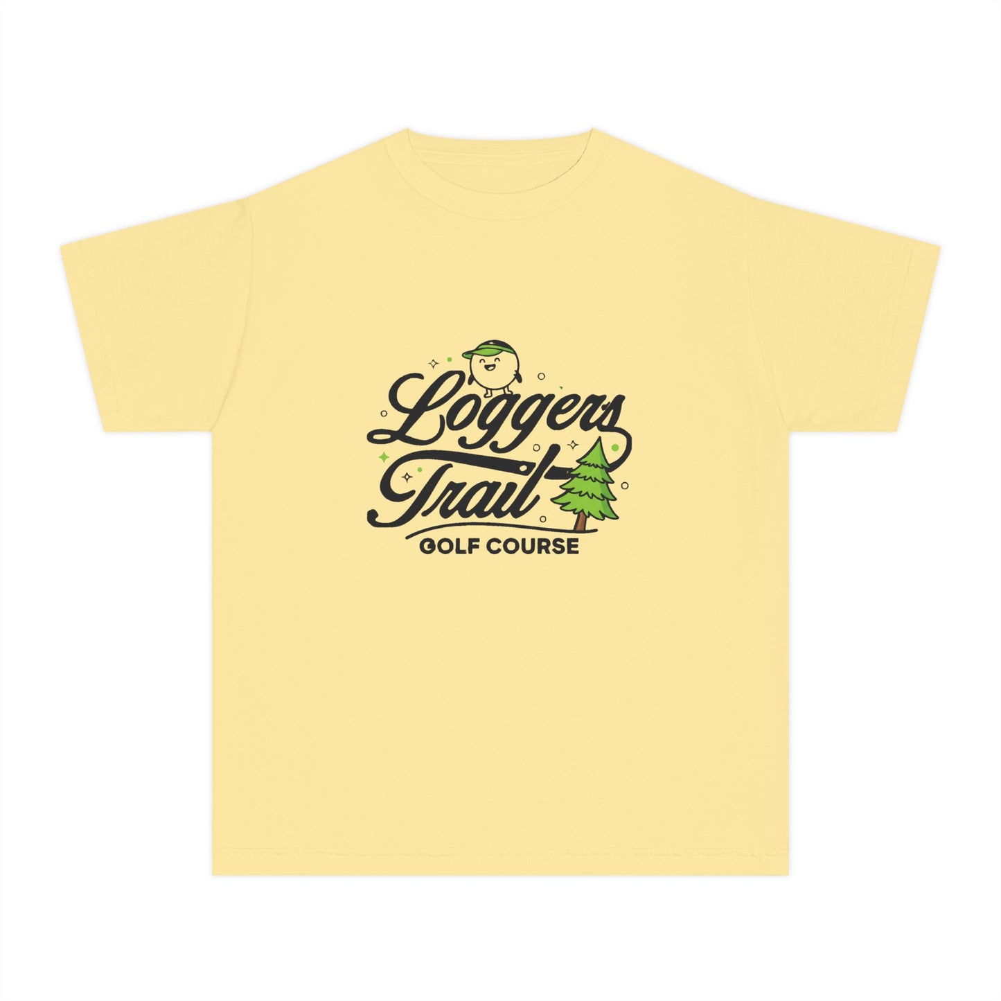 Loggers Trail Golf Course Youth Tee — Kids Golf Shirt with Pine Tree & Golf Ball Design