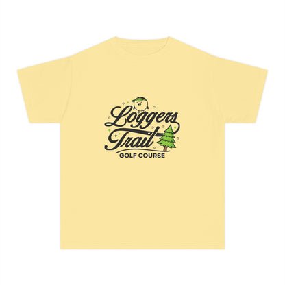 Loggers Trail Golf Course Youth Tee — Kids Golf Shirt with Pine Tree & Golf Ball Design