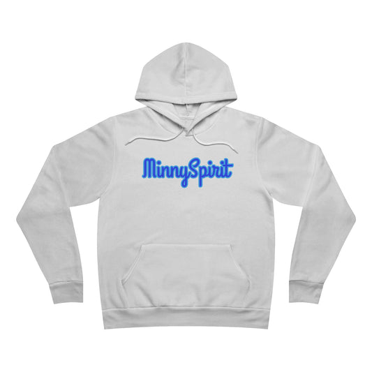 MinnySpirit Hoodie in white color featuring a retro logo across the chest and a spacious kangaroo pocket.