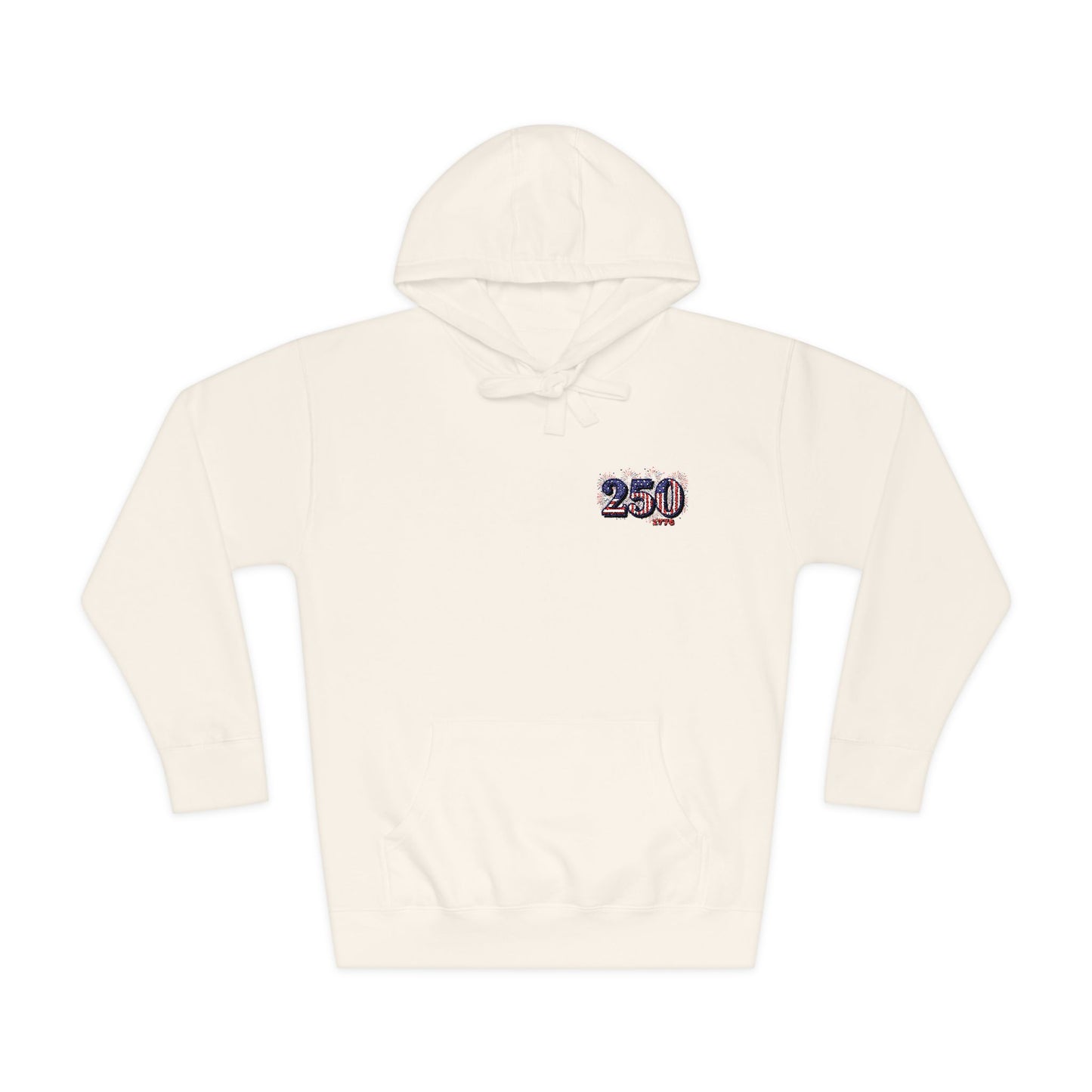 250th anniversary hoodie featuring a small right-chest logo on a cream background.