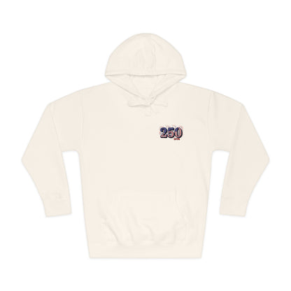 250th anniversary hoodie featuring a small right-chest logo on a cream background.