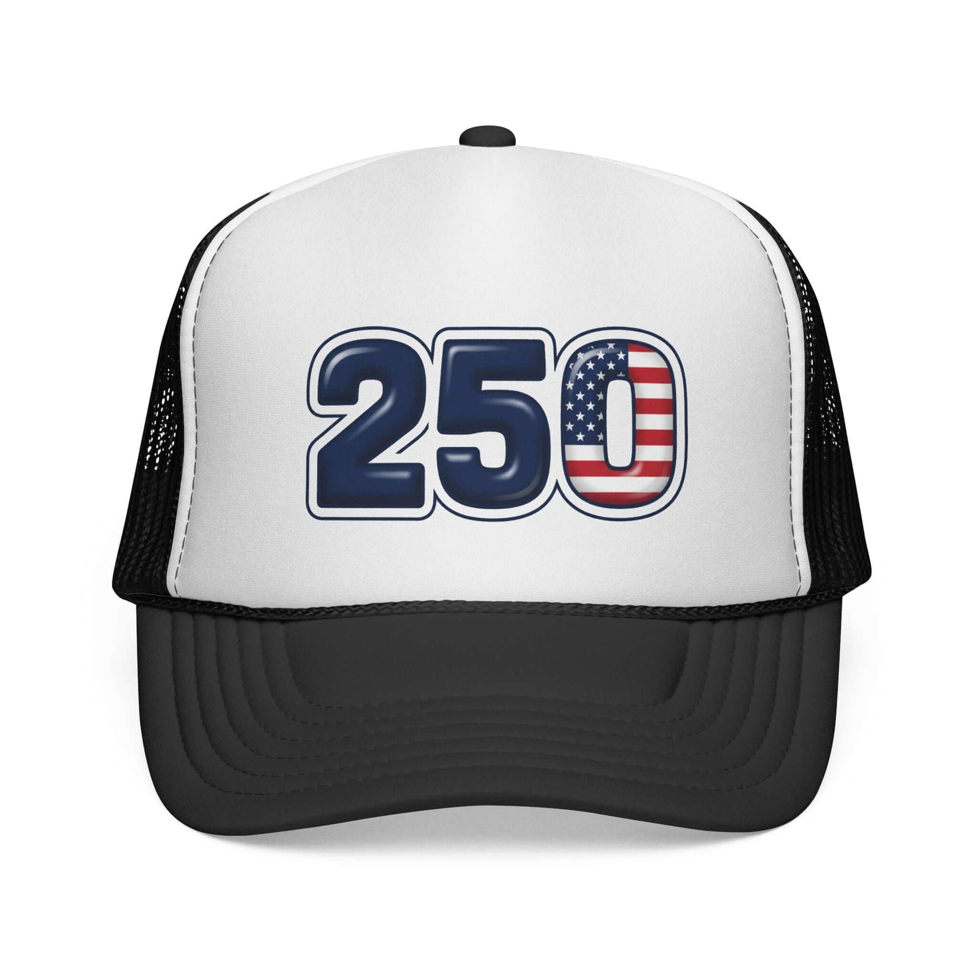USA trucker hat featuring bold '250' graphic with stars-and-stripes motif.