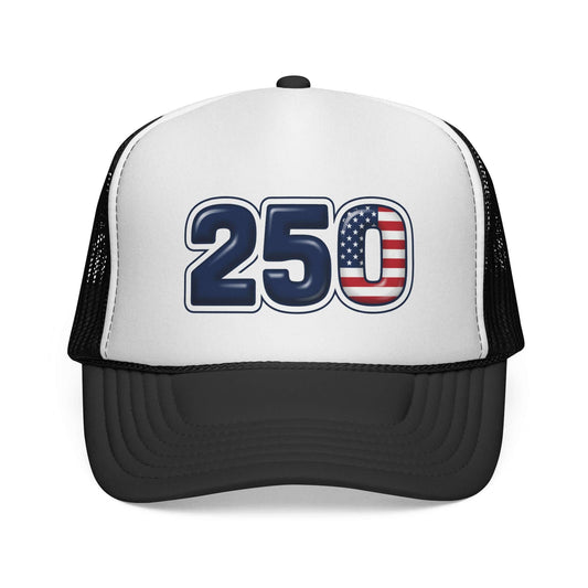 USA trucker hat featuring bold '250' graphic with stars-and-stripes motif.