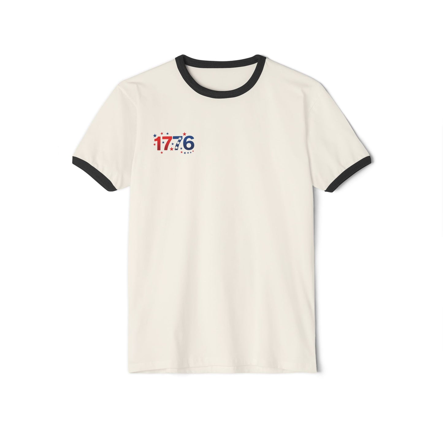 1776 Patriotic Ringer T-shirt with vintage design and contrasting collar, perfect for summer celebrations.