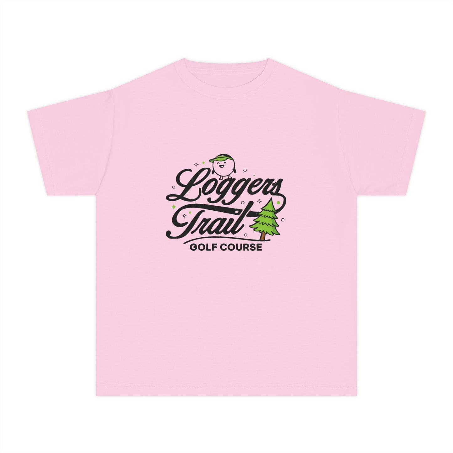 Loggers Trail Golf Course Youth Tee — Kids Golf Shirt with Pine Tree & Golf Ball Design