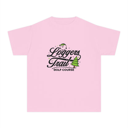 Loggers Trail Golf Course Youth Tee — Kids Golf Shirt with Pine Tree & Golf Ball Design