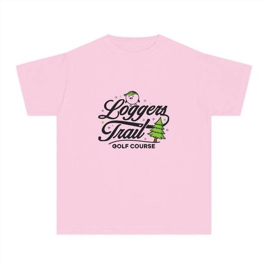 Loggers Trail Golf Course Youth Tee — Kids Golf Shirt with Pine Tree & Golf Ball Design