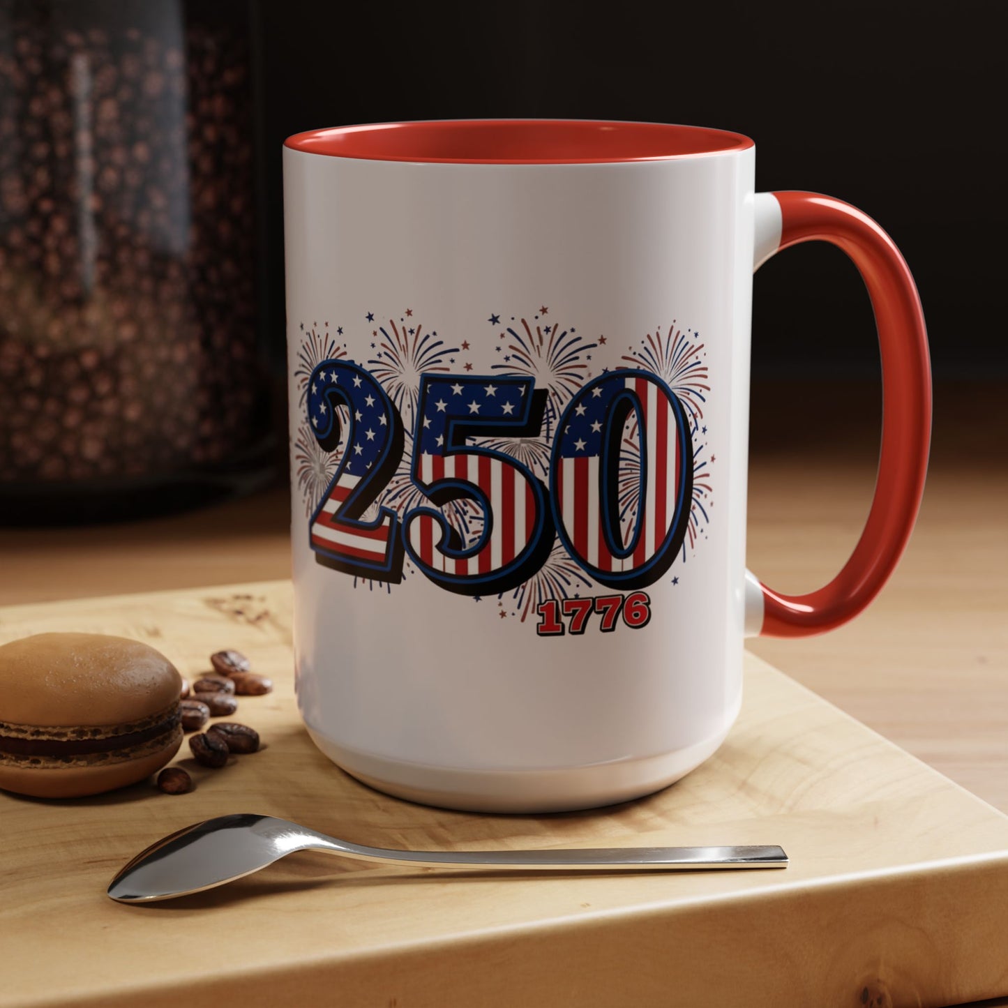 Patriotic coffee mug featuring vibrant 250 logo, American flag design, and fireworks, celebrating America's 250th anniversary.