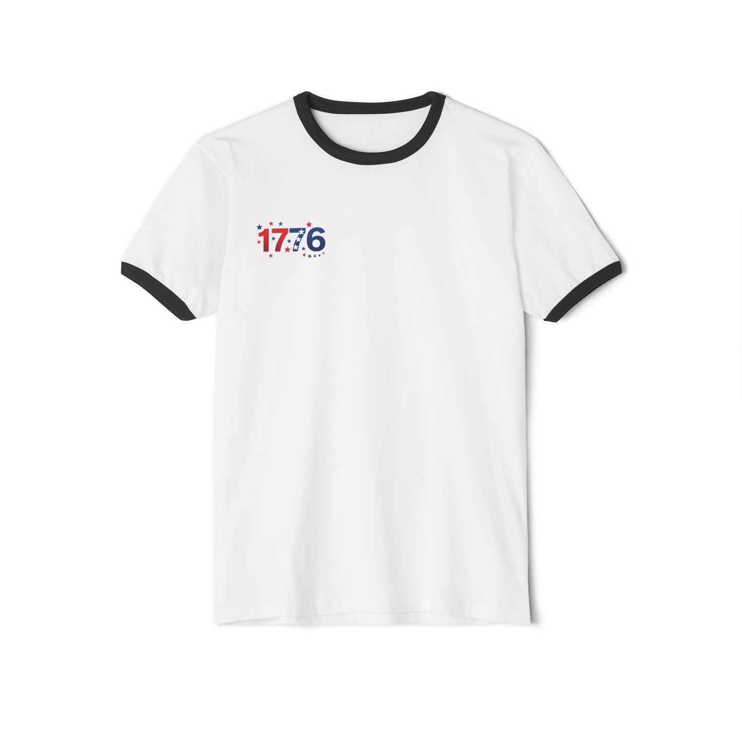 1776 Patriotic Ringer T-shirt with contrasting black collar and sleeve bands, vintage design for celebrating America's 250th.