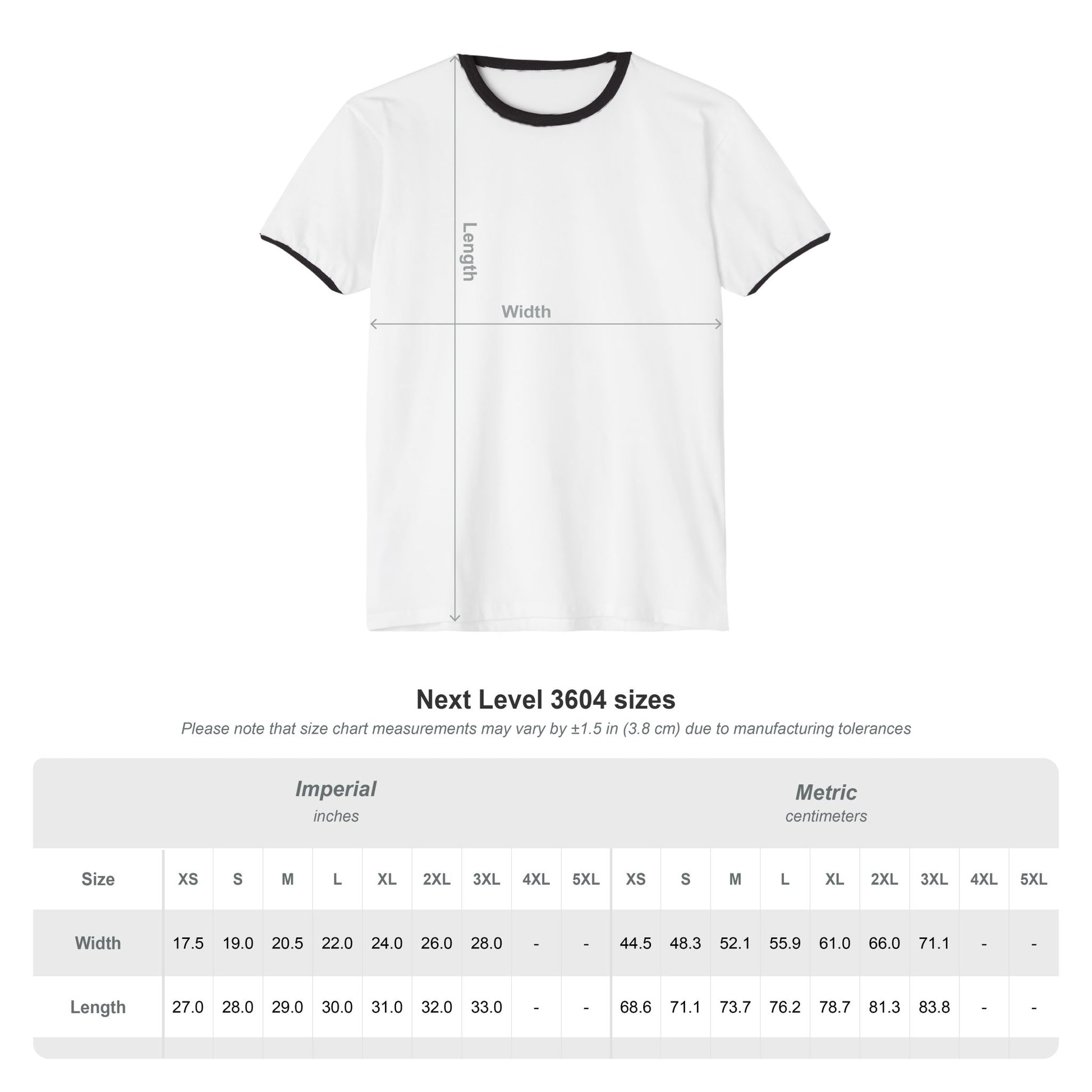 Mounds View vintage ringer tee size chart showing measurements for all sizes including XS to 5XL in inches and centimeters.