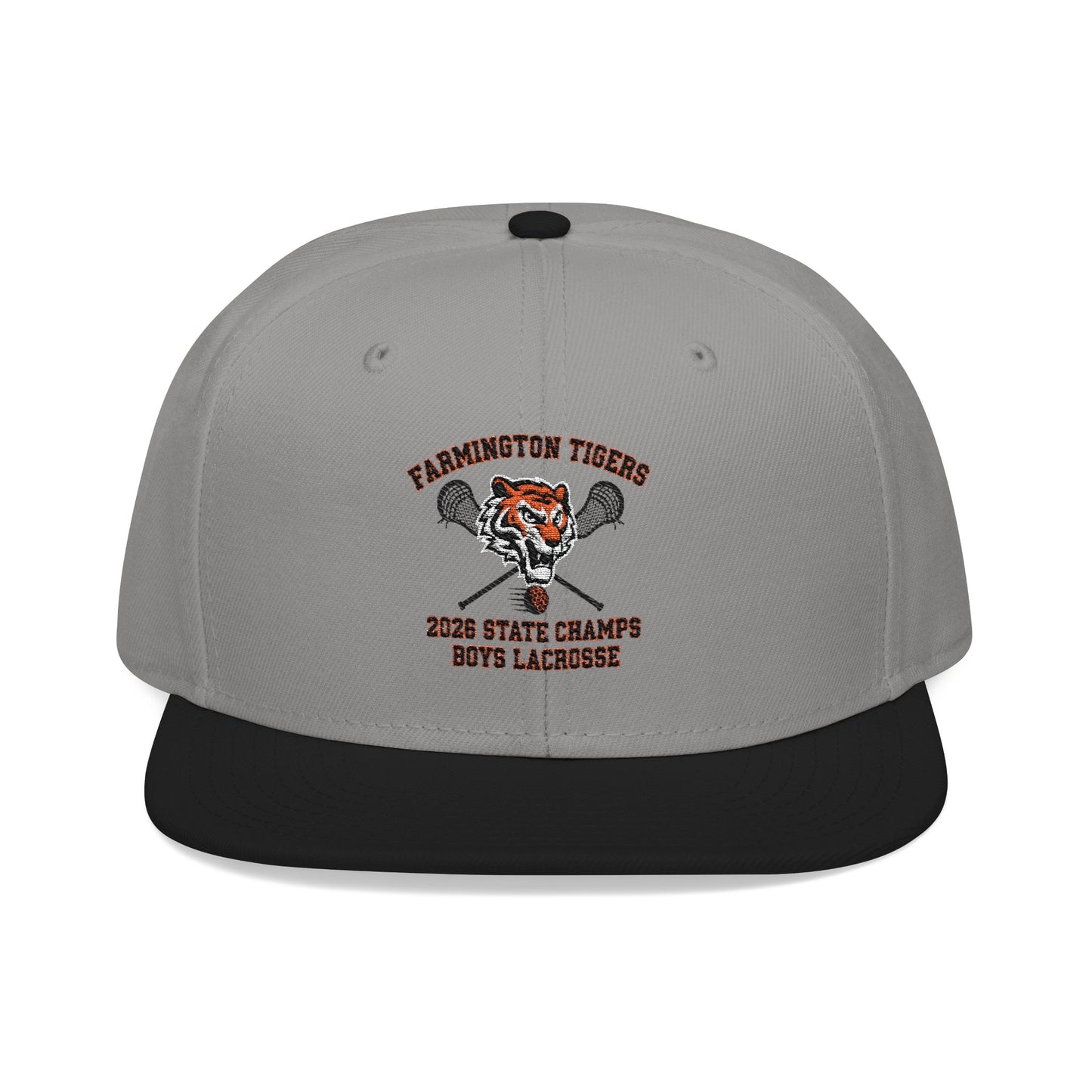 Farmington Tigers 2026 Boys Lacrosse State Champs Flat Bill Hat - Embriodered, snapback cap with embroidered logo.