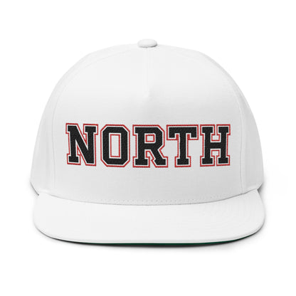 Lakeville North Panthers cap in white with bold 'NORTH' embroidery, flat bill design, adjustable snapback.