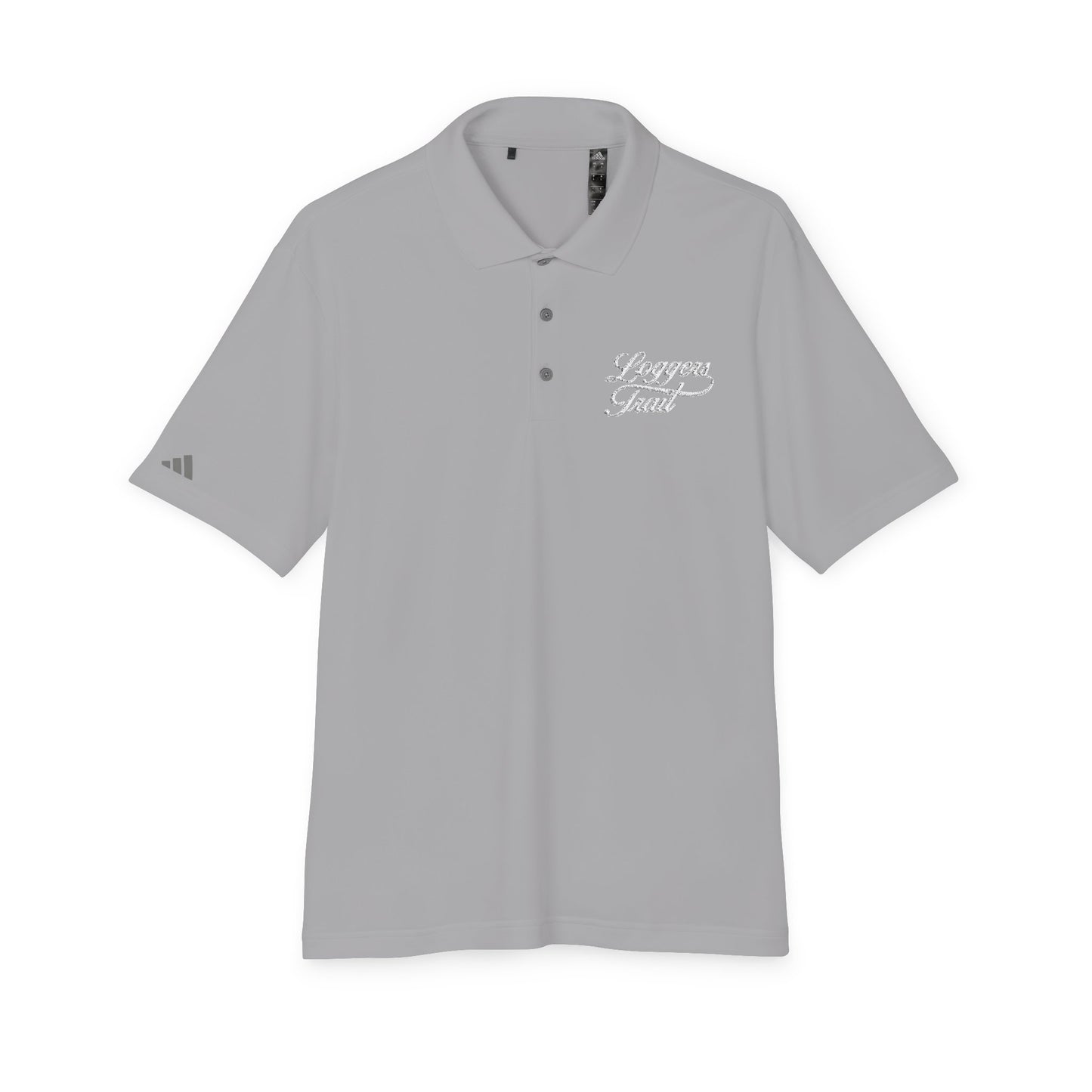 Performance polo shirt with UPF protection in grey three color featuring embroidered detail.