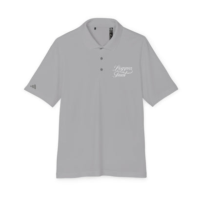 Performance polo shirt with UPF protection in grey three color featuring embroidered detail.