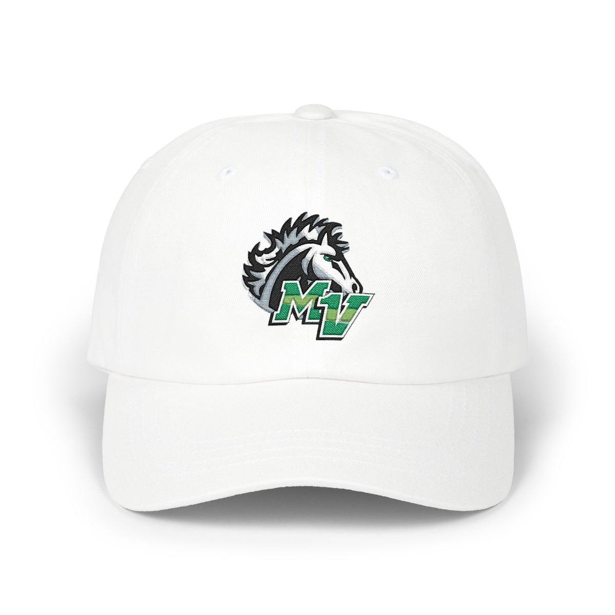 Mounds View Mustangs Embroidered Dad Cap – White Casual Baseball Hat