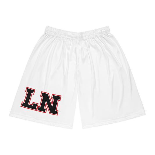 Lakeville North Panthers basketball shorts in white with black and red LN logo, perfect for on and off the court.