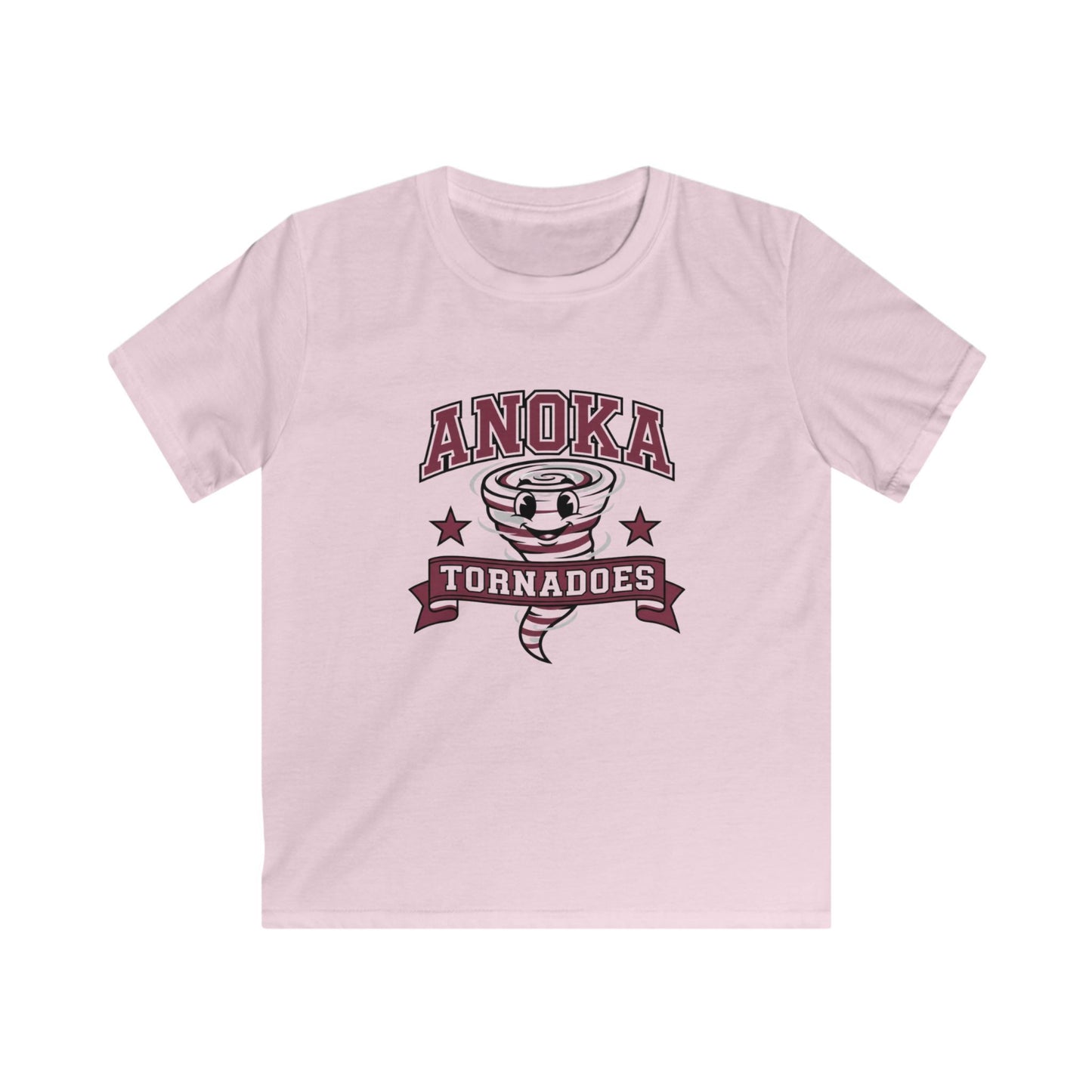 Anoka Tornadoes kids t-shirt in light pink with playful tornado graphic and charming design for young adventurers.