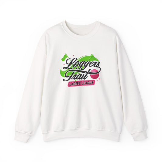 Loggers Trail ladies crewneck sweatshirt in white featuring vibrant graphic with green peaks and pink details.
