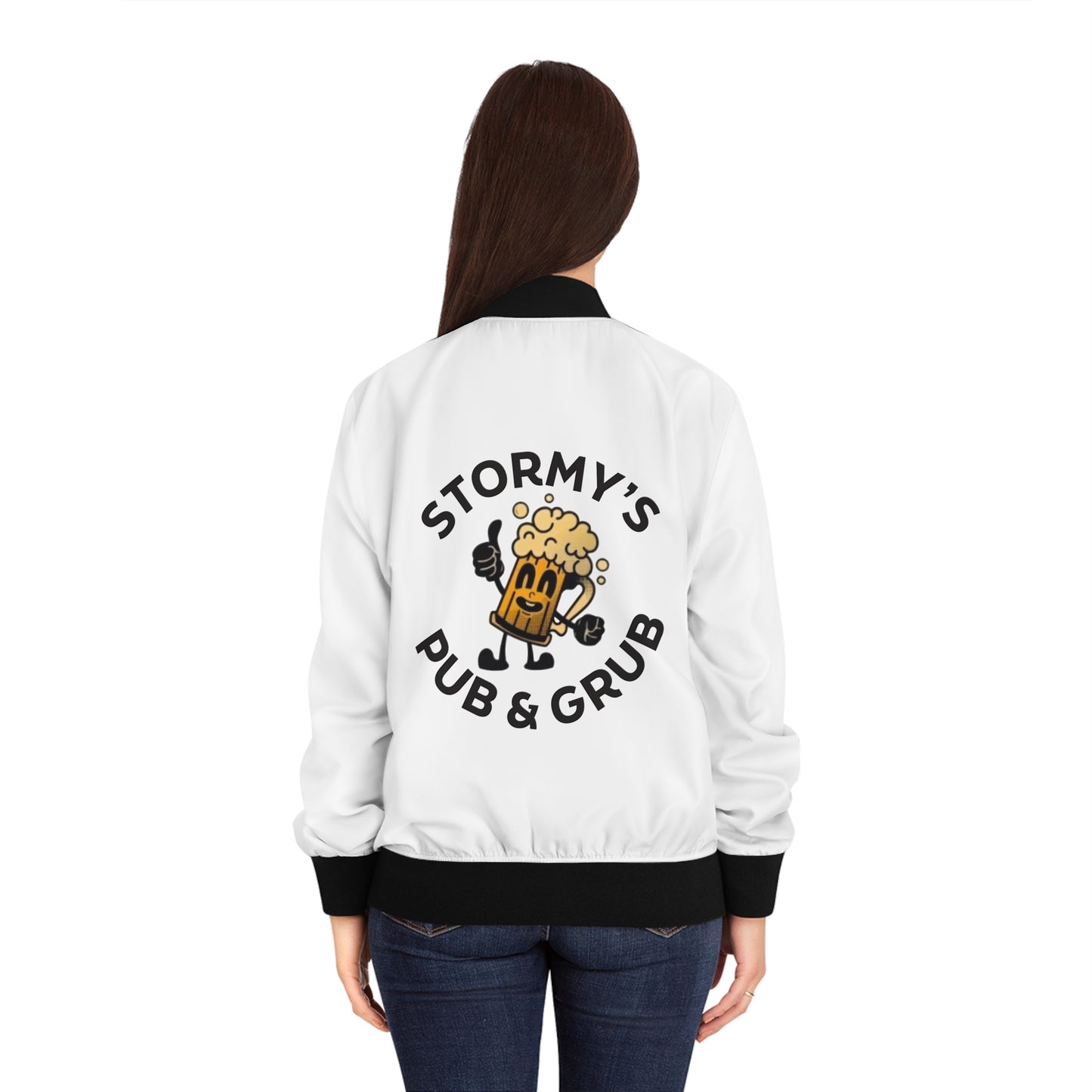 Stormy’s Pub & Grub Bomber Jacket — Women's Retro Beer Logo Jacket