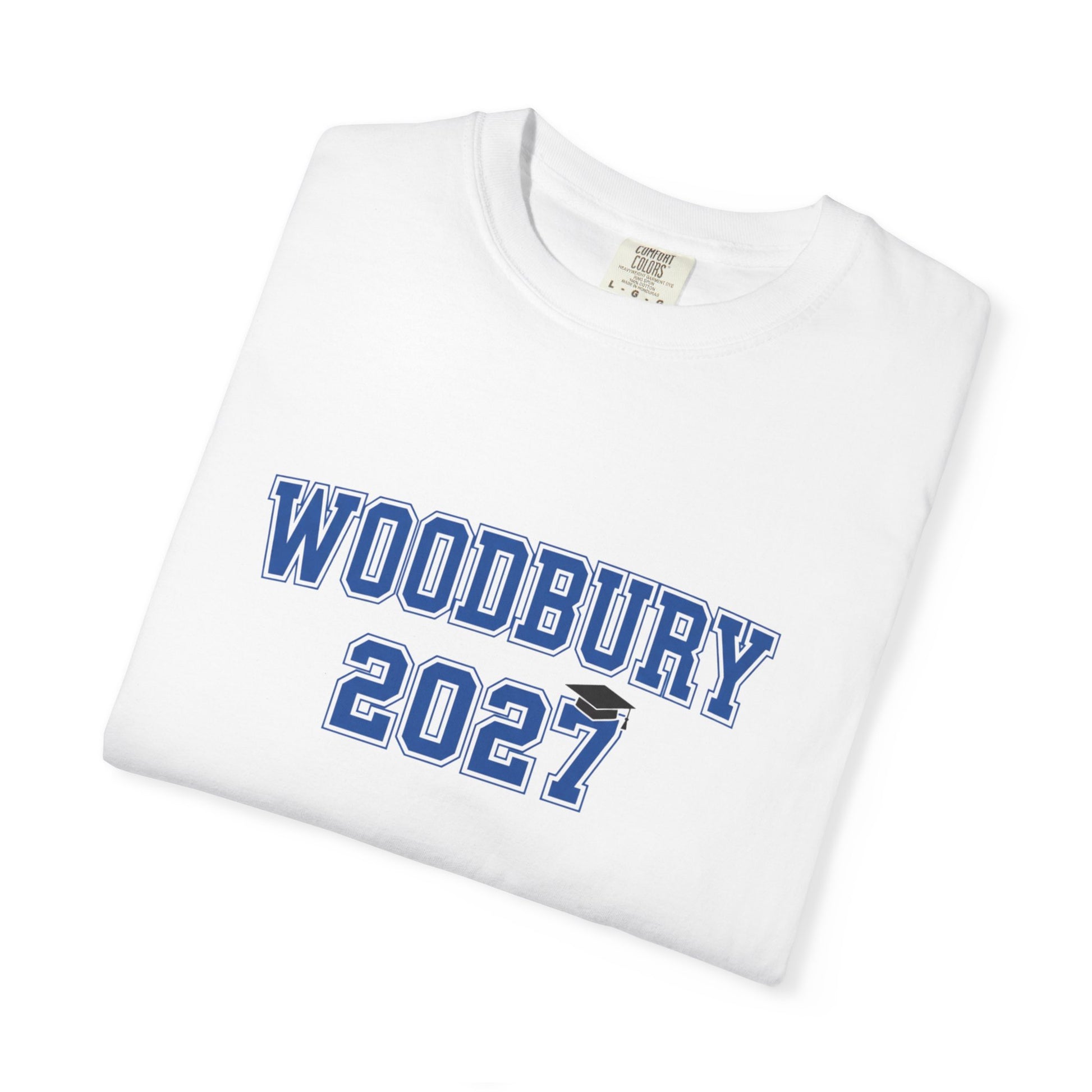 Woodbury Royals Class of 2027 T-Shirt in white with blue lettering, displaying a vintage collegiate style.
