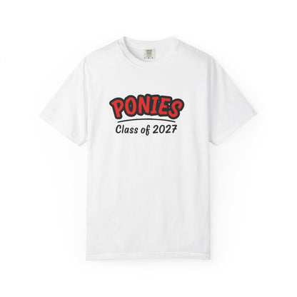 Stillwater Ponies Class of 2027 t-shirt in white color with bold lettering design.