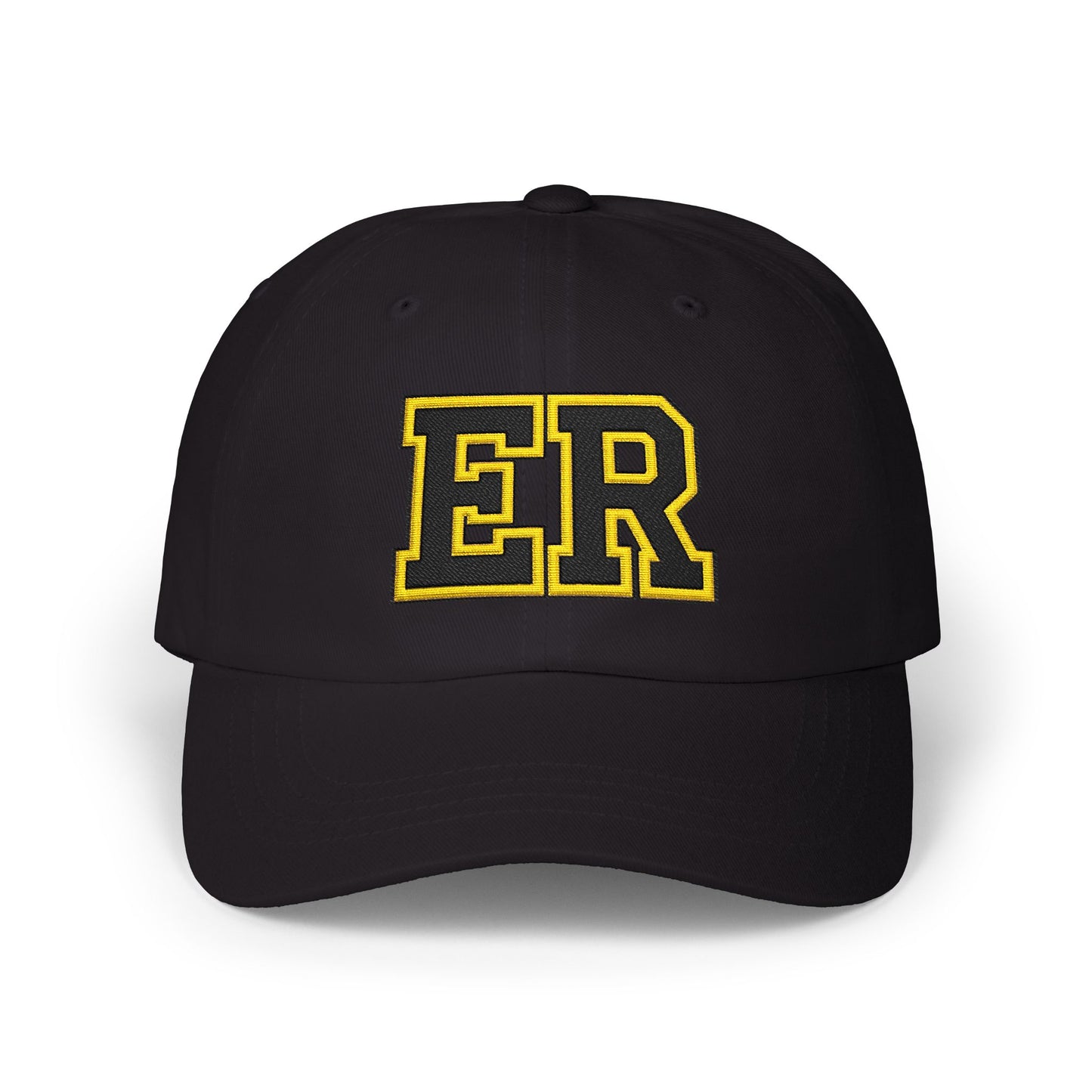 East Ridge ER baseball cap in black with yellow lettering, perfect for sports or outdoor activities.