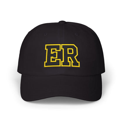 East Ridge ER baseball cap in black with yellow lettering, perfect for sports or outdoor activities.