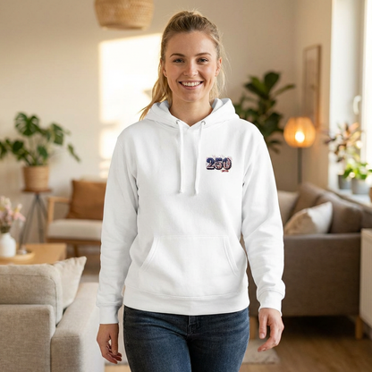 250th anniversary hoodie featuring a small right-chest logo, perfect for style and comfort.