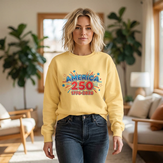 Model wearing a 250th anniversary sweatshirt celebrating America 250, featuring vibrant graphics and historical dates 1776–2026.