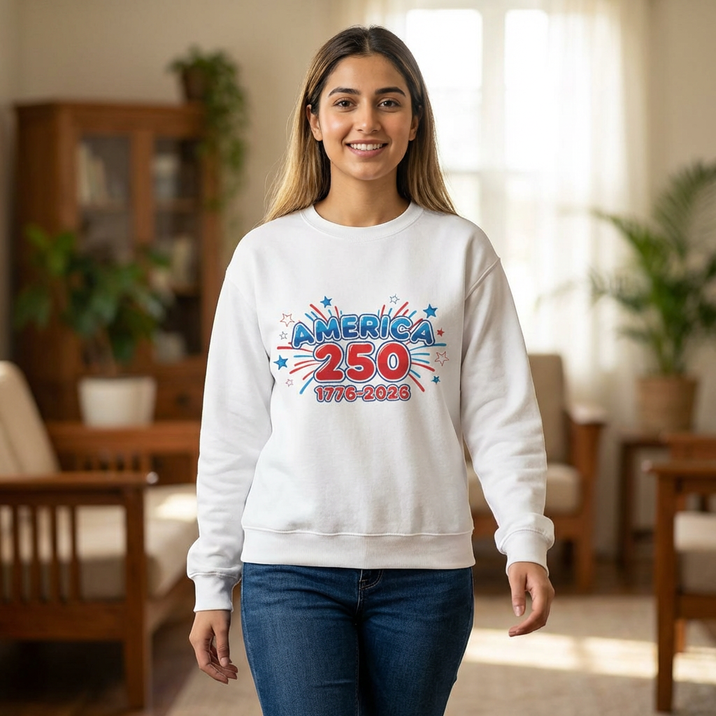 Smiling woman wearing a 250th anniversary sweatshirt with America 250 graphic, celebrating history from 1776 to 2026.