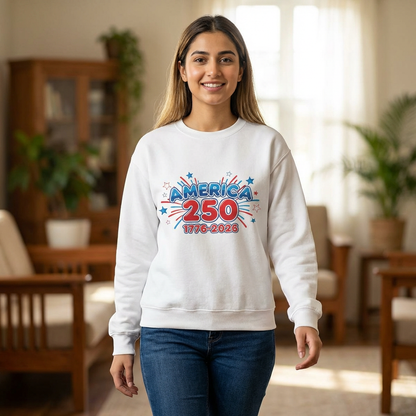 Smiling woman wearing a 250th anniversary sweatshirt with America 250 graphic, celebrating history from 1776 to 2026.