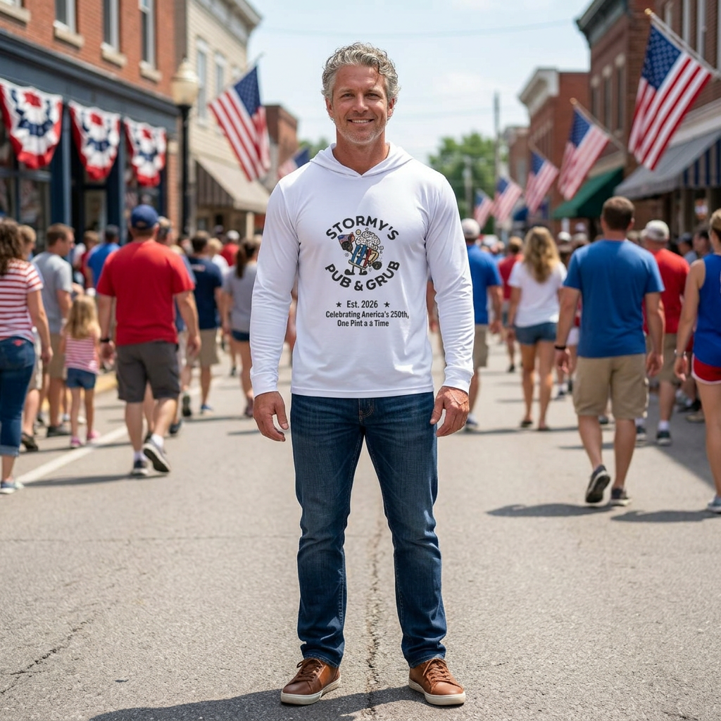 Man wearing Lightweight Hoodie from Stormy's Pub & Grub, standing in a crowd during a festive outdoor event.