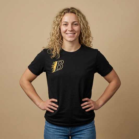 Burnsville Blaze Flaming 'B' Graphic Tee — Retro Letterman Style T-Shirt