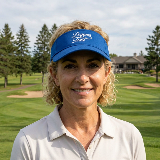 Woman wearing a Loggers Trail embroidered visor, an outdoor trail running cap in royal blue, enjoying a sunny day outdoors.