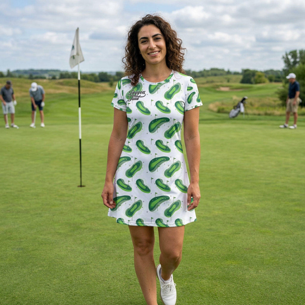 Woman wearing Logger's Trail Golf T-Shirt Dress on a golf course, showcasing the playful golf t-shirt dress design.