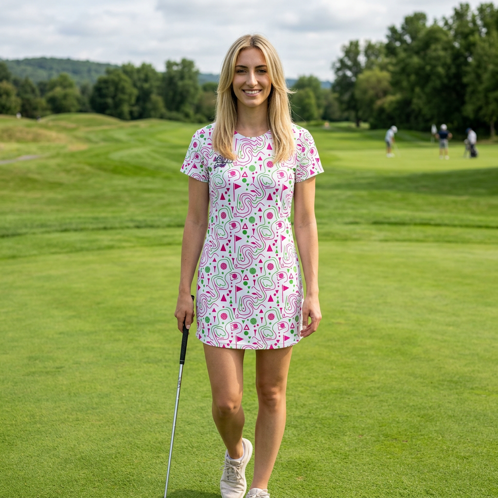 Model wearing Logger's Trail Golf T-Shirt Dress on a golf course, showcasing the golf t-shirt dress for summer.