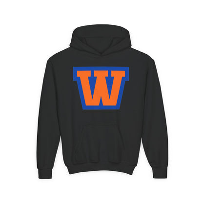Youth Hoodie - Minneapolis Washburn Millers Orange & Blue 'W' School Logo with Mascot Back