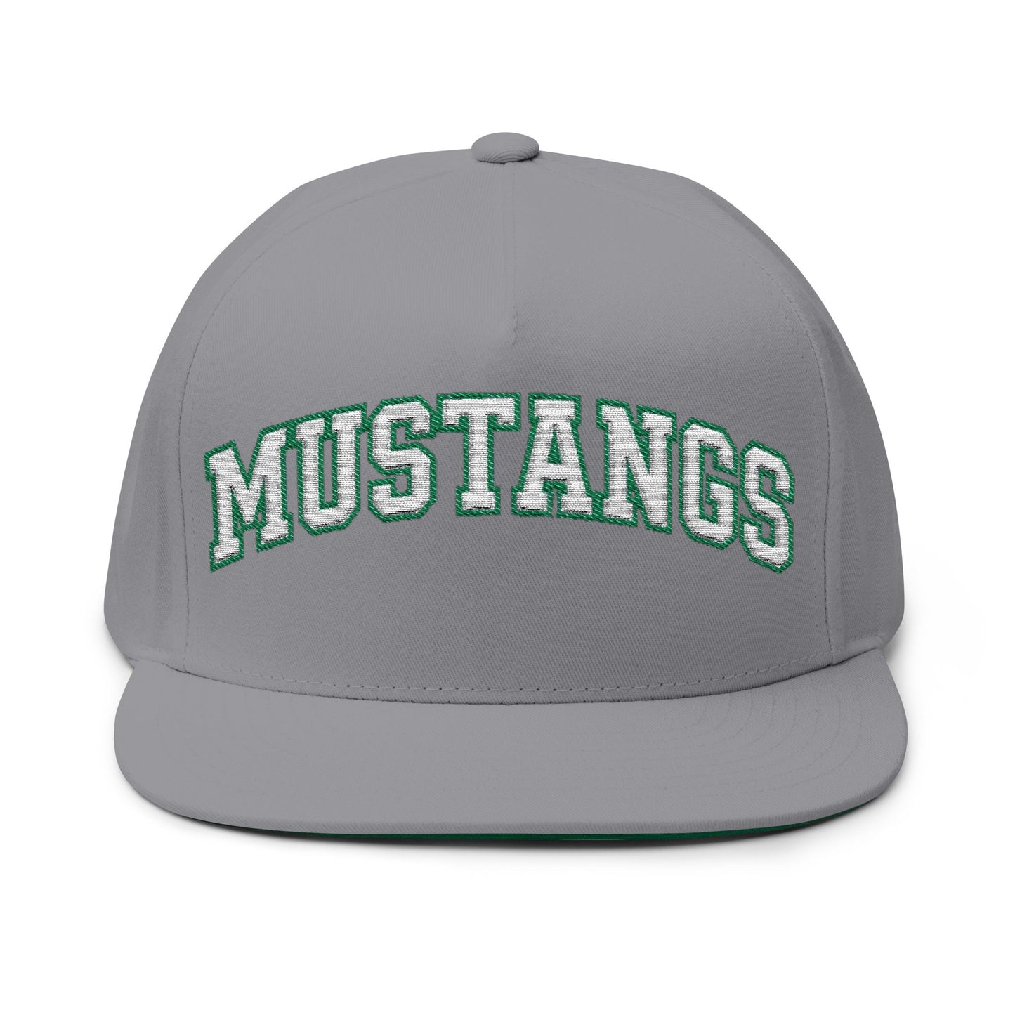 Mounds View Mustangs Embroidered White Text Flat Bill Cap — School Spirit Snapback