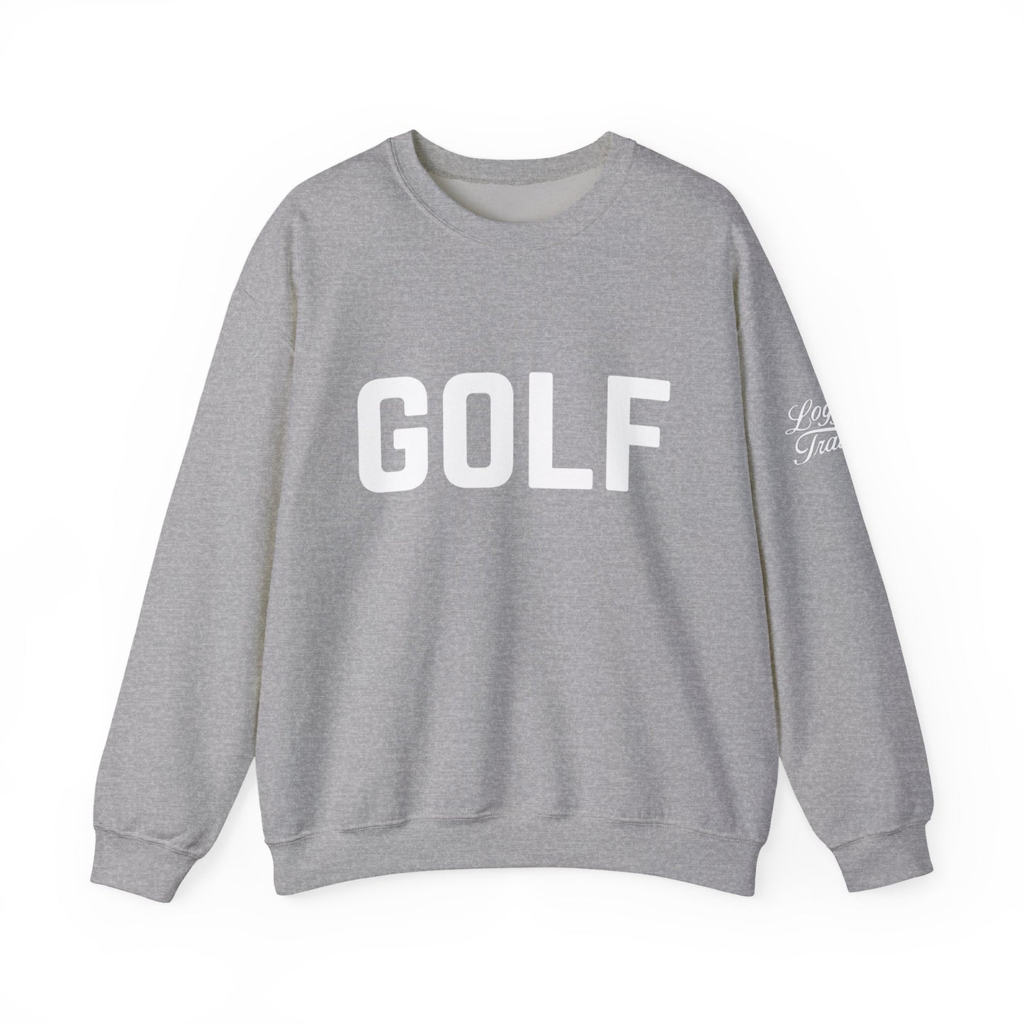 Embroidered golf crewneck sweatshirt in sport grey with bold GOLF logo on the chest and subtle script detail.