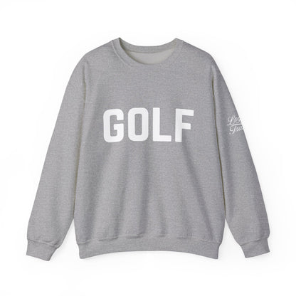 Embroidered golf crewneck sweatshirt in sport grey with bold GOLF logo on the chest and subtle script detail.