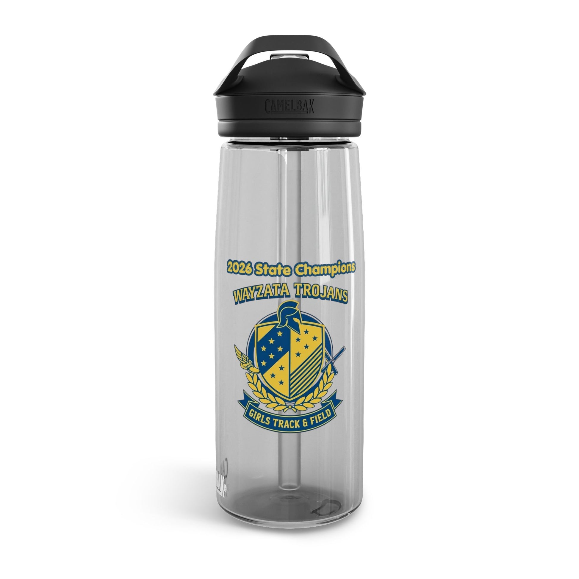 Wayzata Trojans Track Field 2026 CamelBak Eddy water bottle showcasing state champions design.