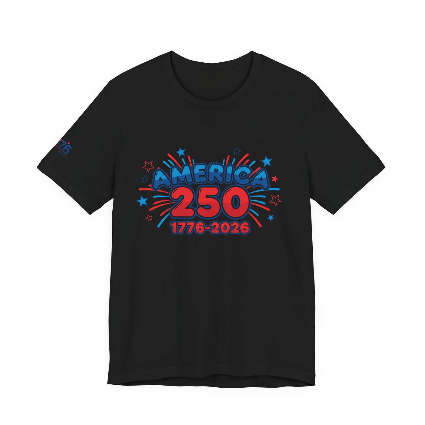 250th anniversary tee featuring bold red and blue graphic design with America 250 and stars.