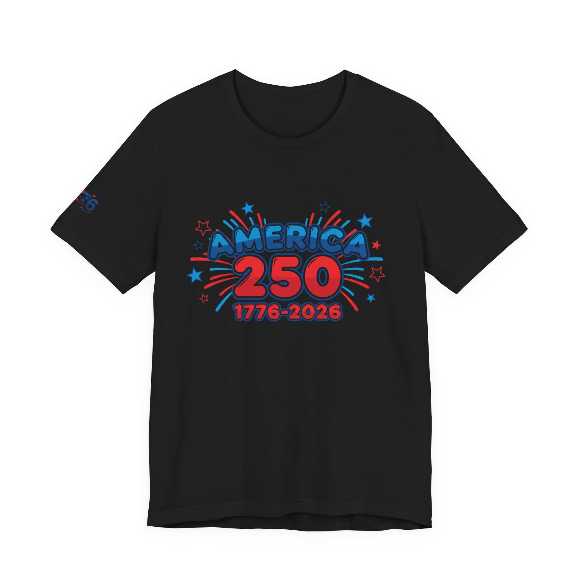 250th anniversary tee featuring bold red and blue graphic design with America 250 and stars.