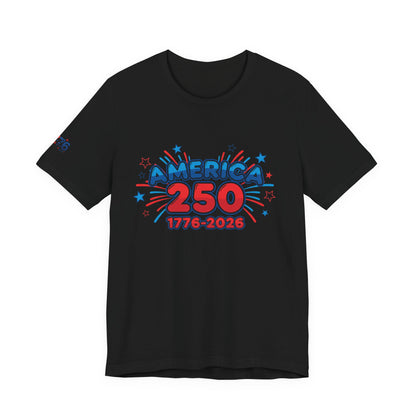 250th anniversary tee featuring bold red and blue graphic design with America 250 and stars.