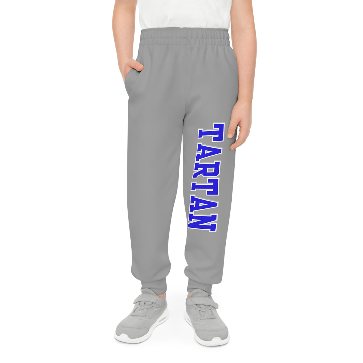 Tartan Youth Joggers —Grey Athletic Sweatpants with Vertical 'TARTAN' Side Print