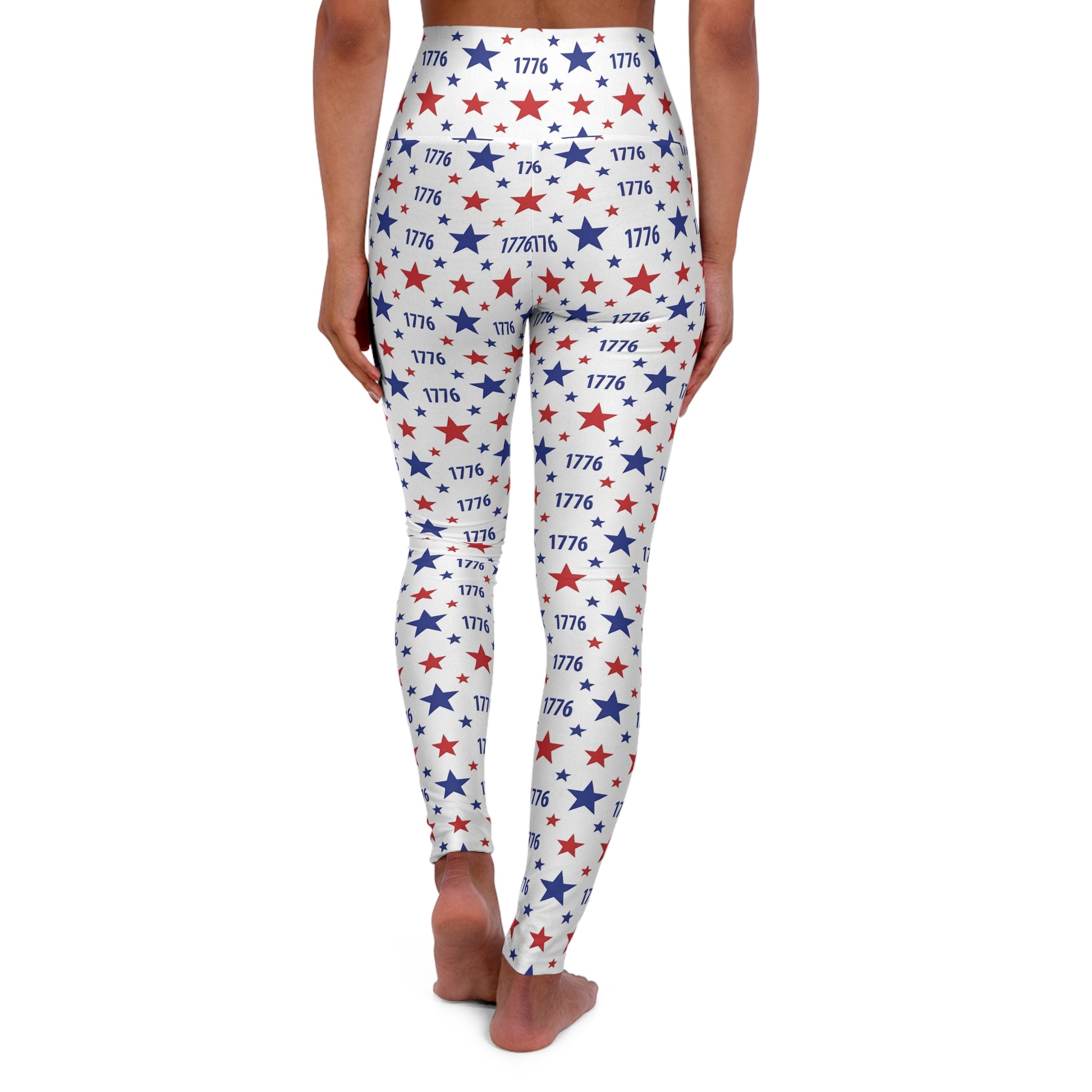 Back view of patriotic yoga leggings featuring a 1776 star pattern, perfect for celebrating the USA's heritage.