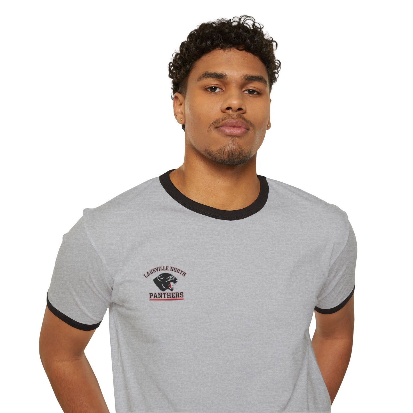 Model wearing Lakeville North Panthers ringer tee in heather grey with black collar and sleeve bands.